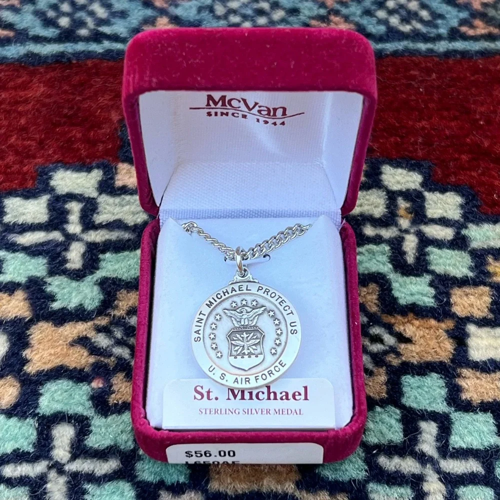 St. Michael Air Force Sterling Silver Round Religious Medal Necklace 24” Chain